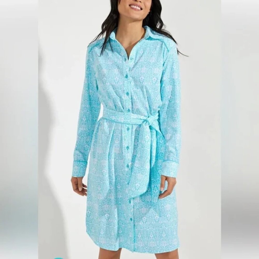 💕 COOLIBAR 💕 NWT Women’s Kitts Shirt Dress XL UPF 50+  Sash Belt Aqua  IKAT